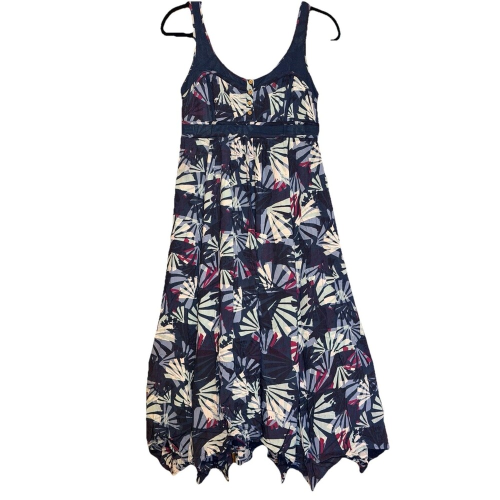 Mantaray Boho Palm Print Tropical  Midi Dress Hanky Hem Navy Pink Size UK12/US8
